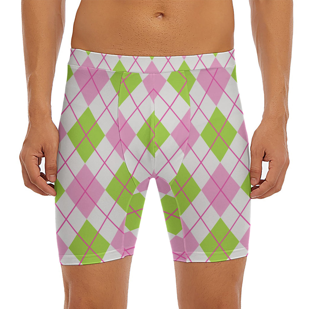 Pink Green And White Argyle Print Men's Long Boxer Briefs
