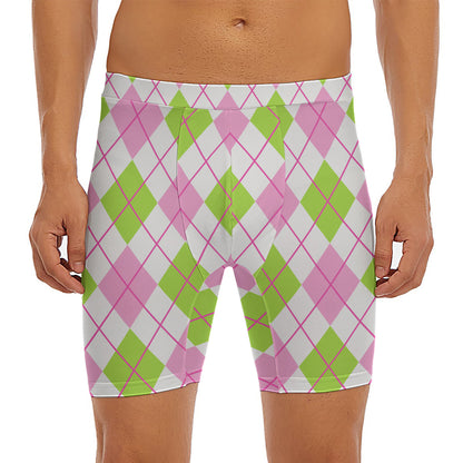 Pink Green And White Argyle Print Men's Long Boxer Briefs