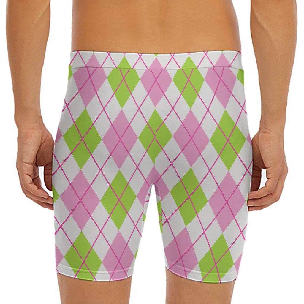 Pink Green And White Argyle Print Men's Long Boxer Briefs