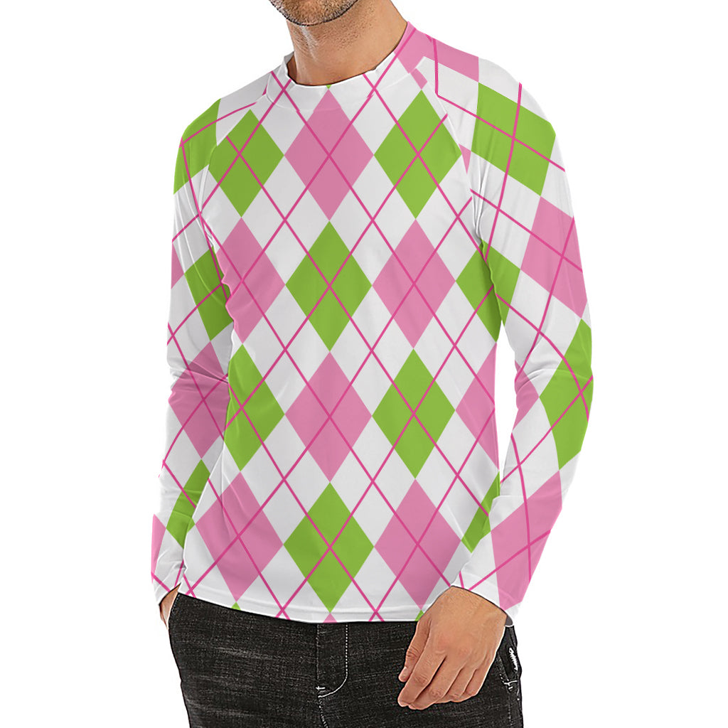 Pink Green And White Argyle Print Men's Long Sleeve Rash Guard