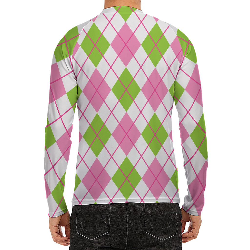 Pink Green And White Argyle Print Men's Long Sleeve Rash Guard