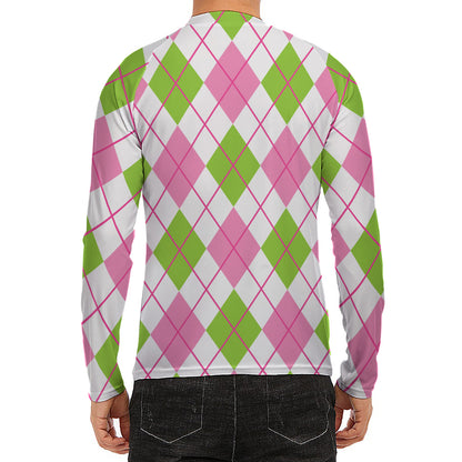 Pink Green And White Argyle Print Men's Long Sleeve Rash Guard