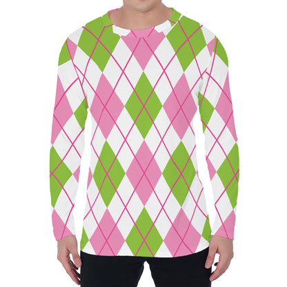 Pink Green And White Argyle Print Men's Long Sleeve T-Shirt
