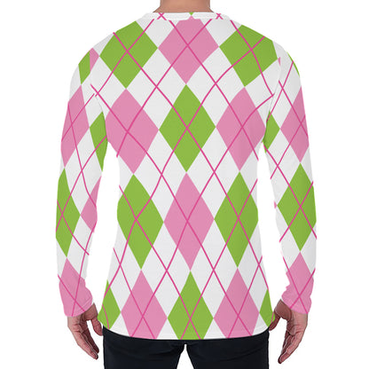 Pink Green And White Argyle Print Men's Long Sleeve T-Shirt