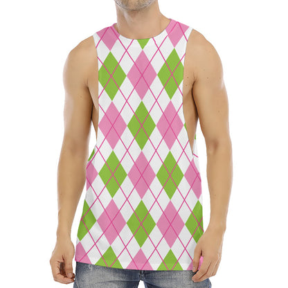 Pink Green And White Argyle Print Men's Muscle Tank Top