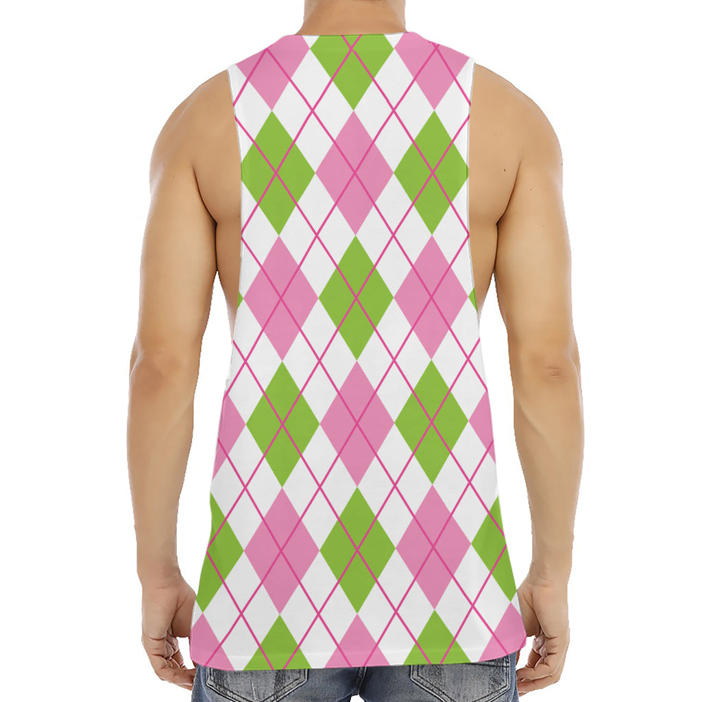 Pink Green And White Argyle Print Men's Muscle Tank Top