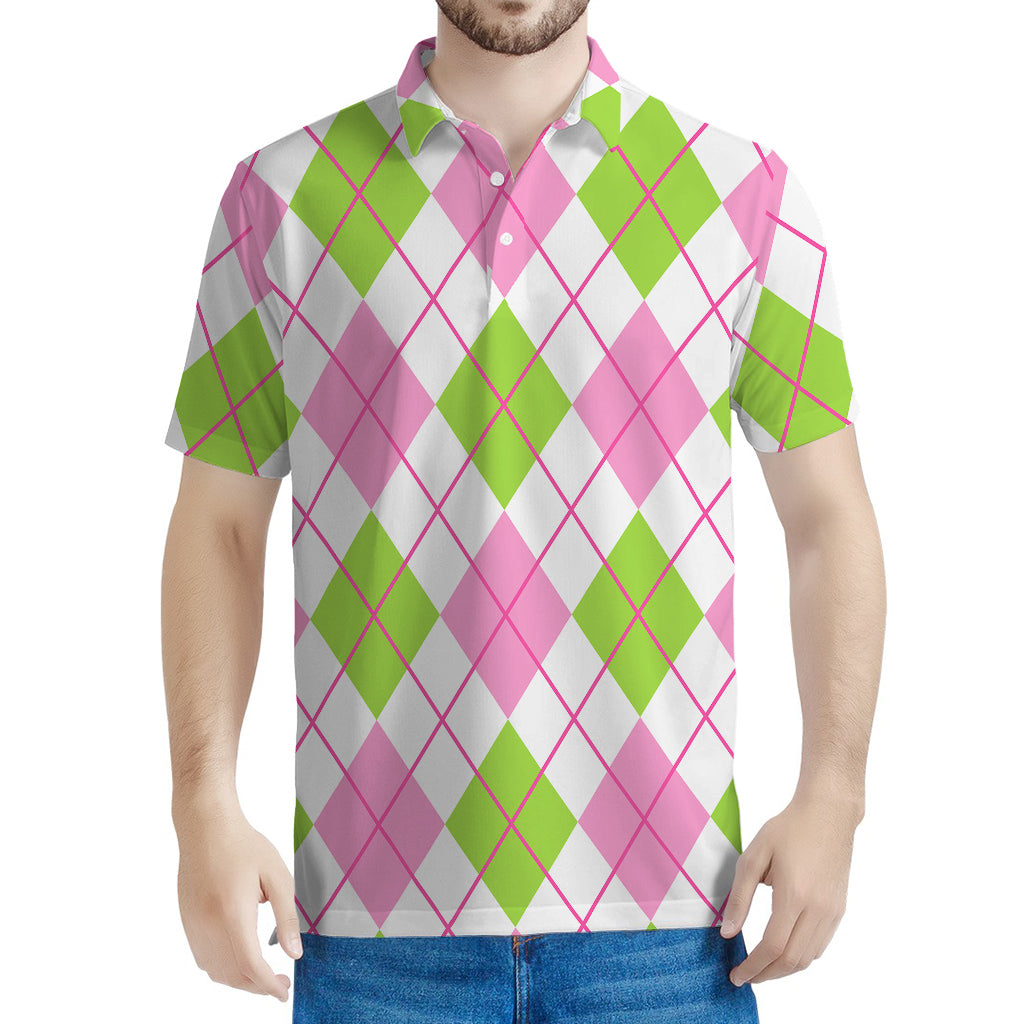Pink Green And White Argyle Print Men's Polo Shirt