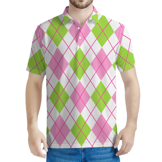 Pink Green And White Argyle Print Men's Polo Shirt