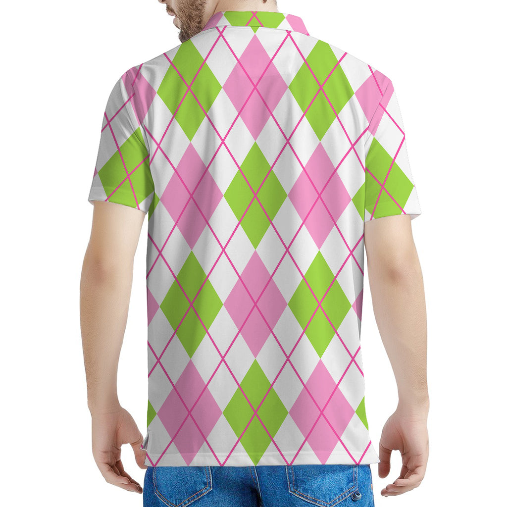 Pink Green And White Argyle Print Men's Polo Shirt