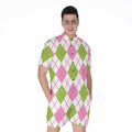 Pink Green And White Argyle Print Men's Romper