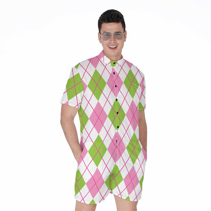 Pink Green And White Argyle Print Men's Rompers