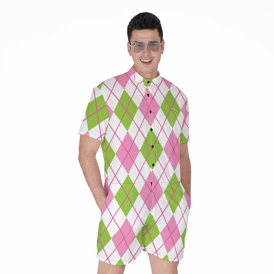 Pink Green And White Argyle Print Men's Rompers