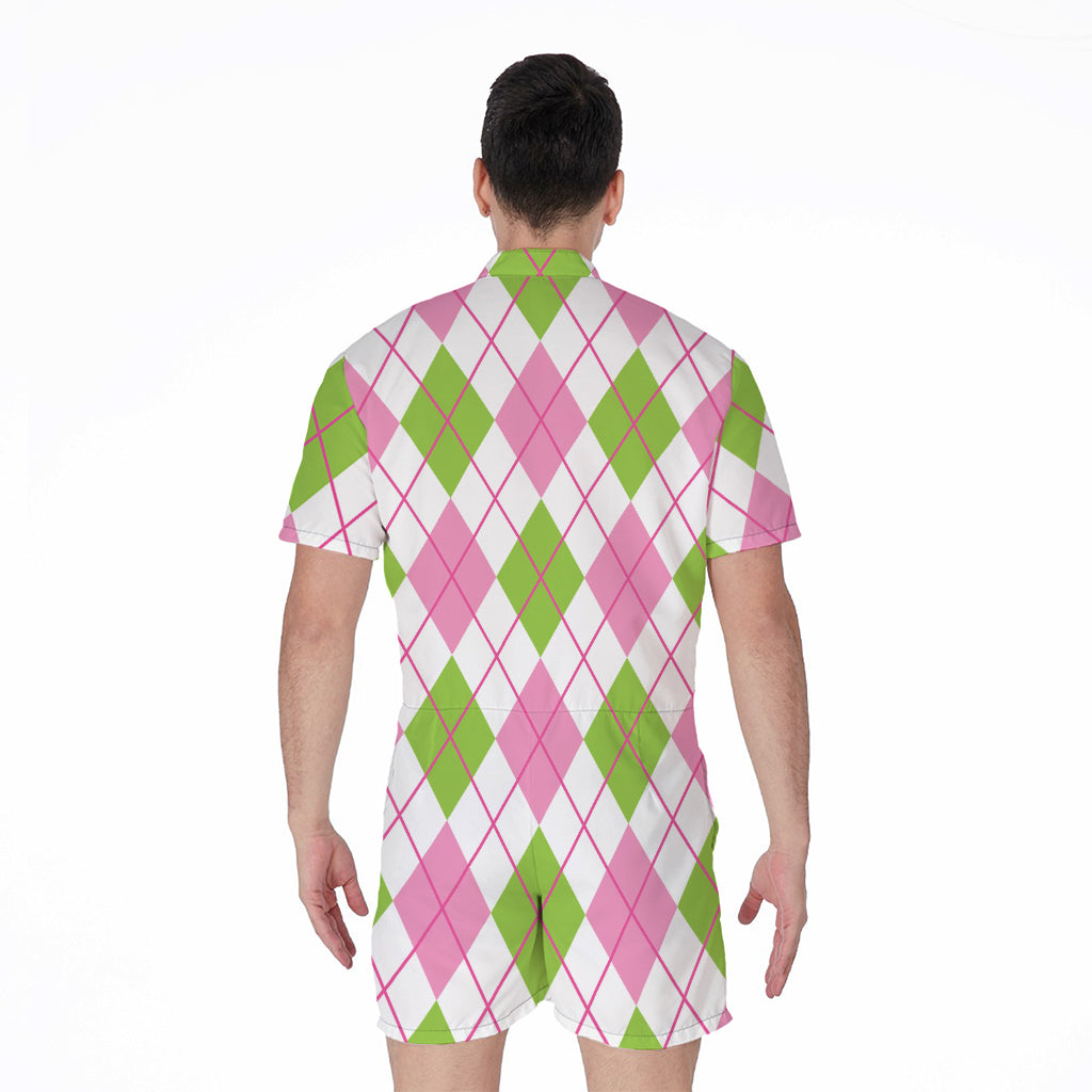 Pink Green And White Argyle Print Men's Rompers