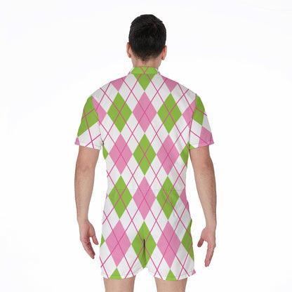 Pink Green And White Argyle Print Men's Rompers