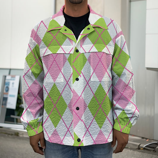 Pink Green And White Argyle Print Men's Shirt Jacket