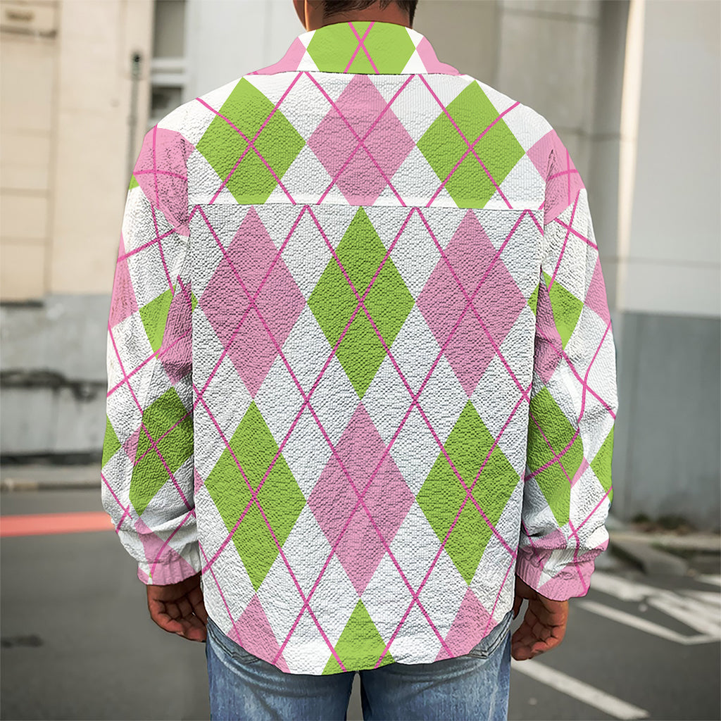 Pink Green And White Argyle Print Men's Shirt Jacket