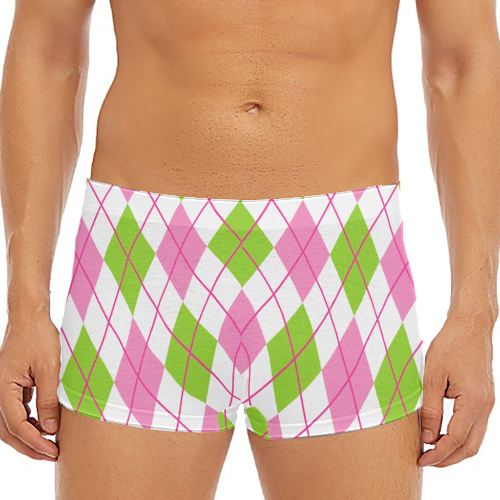 Pink Green And White Argyle Print Men's Short Boxer Briefs