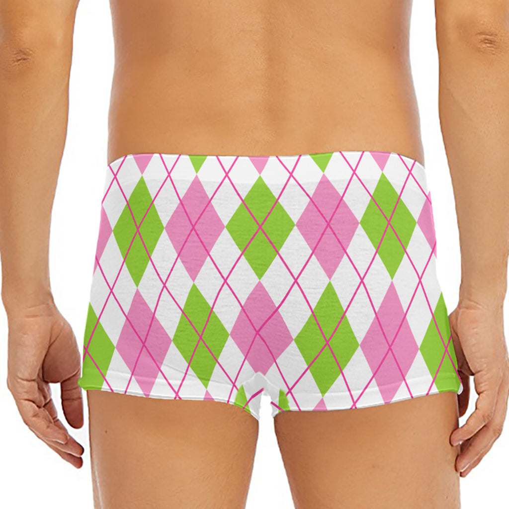 Pink Green And White Argyle Print Men's Short Boxer Briefs