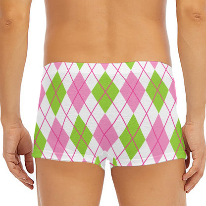 Pink Green And White Argyle Print Men's Short Boxer Briefs