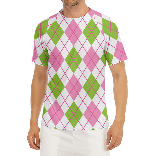 Pink Green And White Argyle Print Men's Short Sleeve Rash Guard