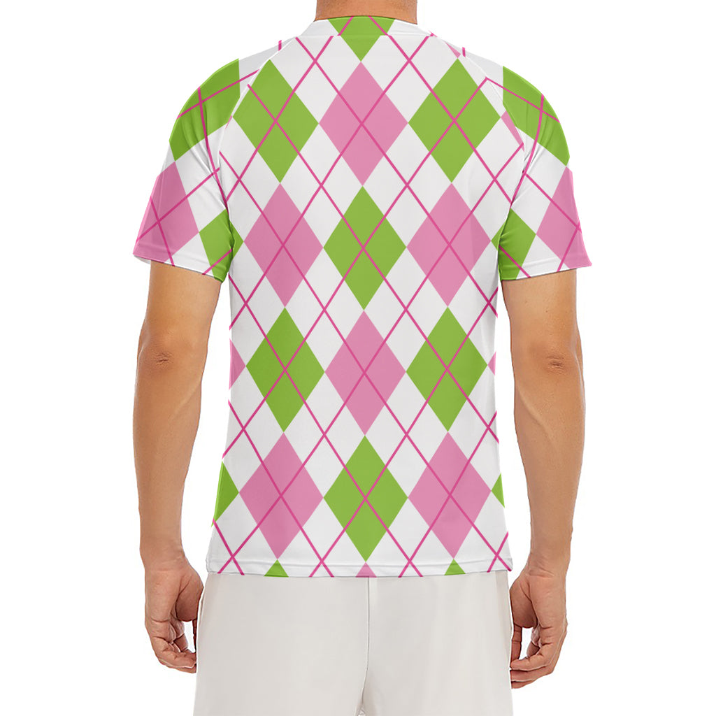 Pink Green And White Argyle Print Men's Short Sleeve Rash Guard