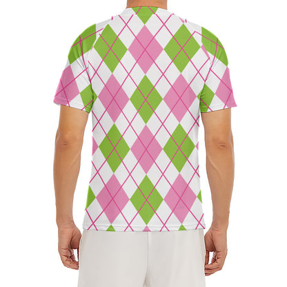 Pink Green And White Argyle Print Men's Short Sleeve Rash Guard