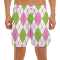 Pink Green And White Argyle Print Men's Split Running Shorts