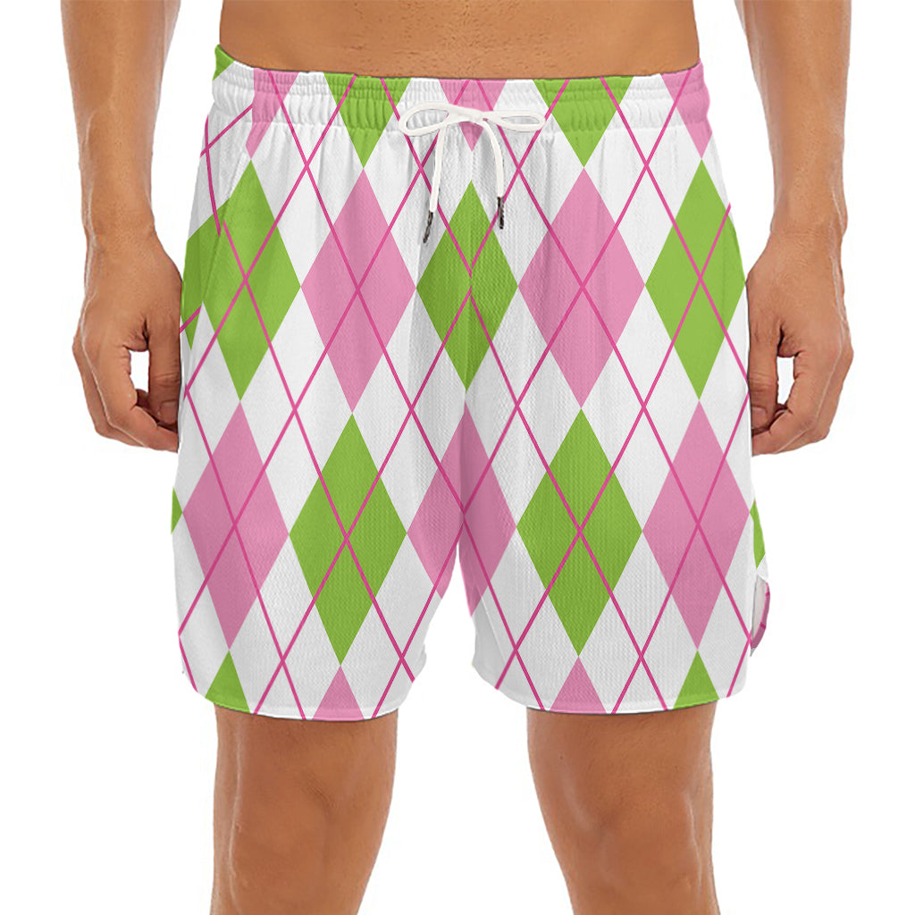 Pink Green And White Argyle Print Men's Split Running Shorts