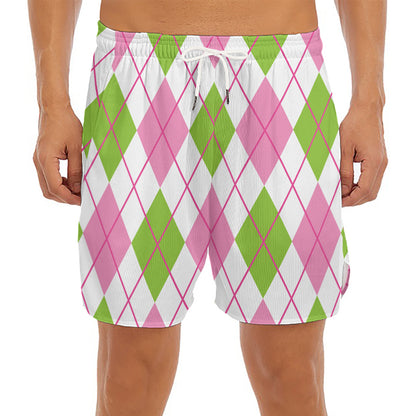 Pink Green And White Argyle Print Men's Split Running Shorts