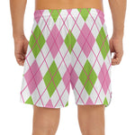 Pink Green And White Argyle Print Men's Split Running Shorts