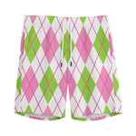 Pink Green And White Argyle Print Men's Sports Shorts