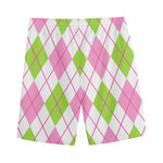 Pink Green And White Argyle Print Men's Sports Shorts