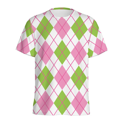 Pink Green And White Argyle Print Men's Sports T-Shirt