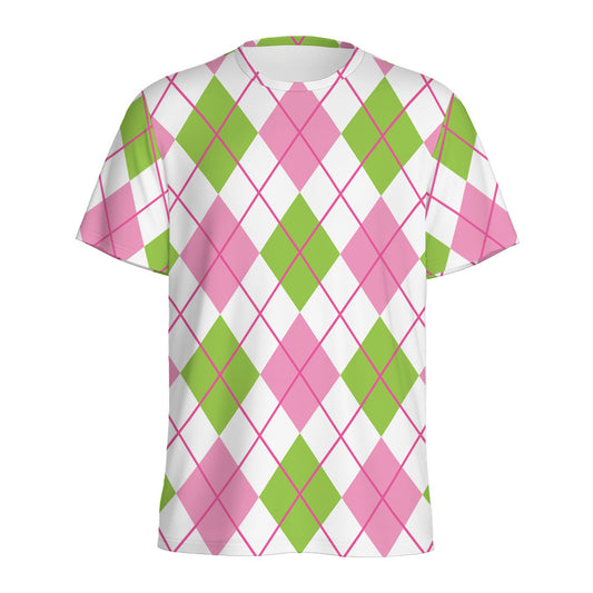 Pink Green And White Argyle Print Men's Sports T-Shirt