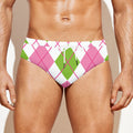 Pink Green And White Argyle Print Men's Swim Briefs
