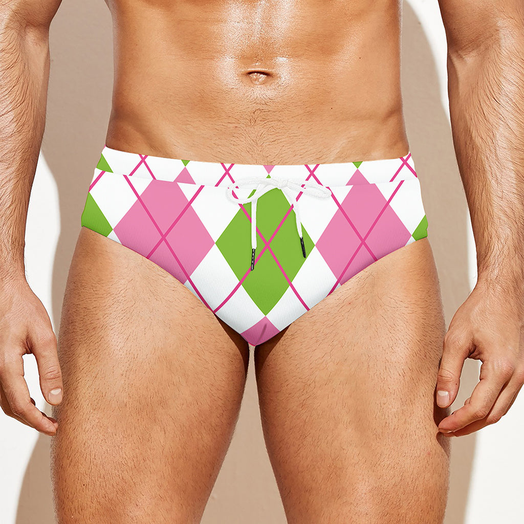 Pink Green And White Argyle Print Men's Swim Briefs