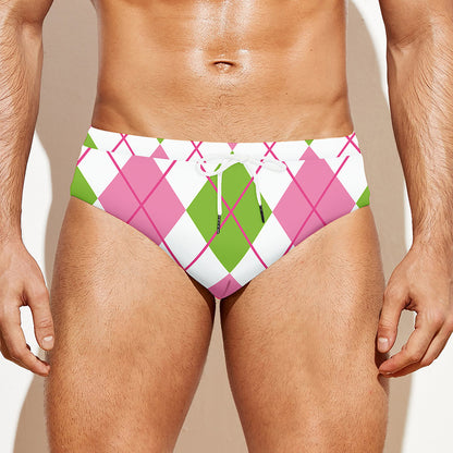 Pink Green And White Argyle Print Men's Swim Briefs