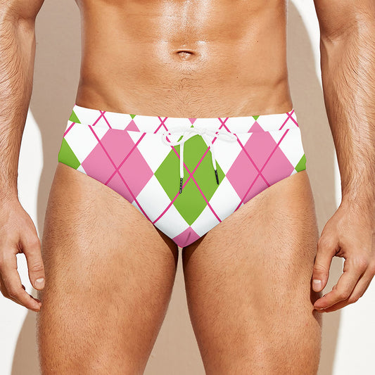 Pink Green And White Argyle Print Men's Swim Briefs