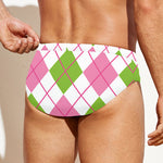 Pink Green And White Argyle Print Men's Swim Briefs
