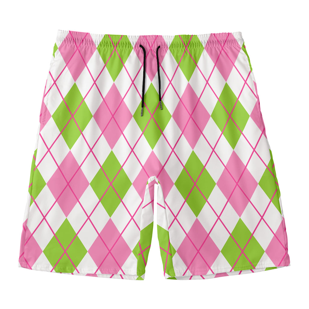Pink Green And White Argyle Print Men's Swim Trunks
