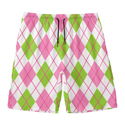 Pink Green And White Argyle Print Men's Swim Trunks