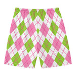 Pink Green And White Argyle Print Men's Swim Trunks
