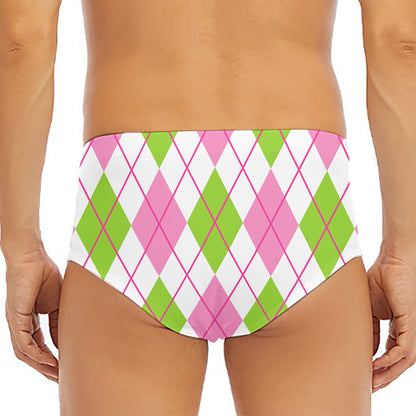 Pink Green And White Argyle Print Men's Triangle Swim Briefs