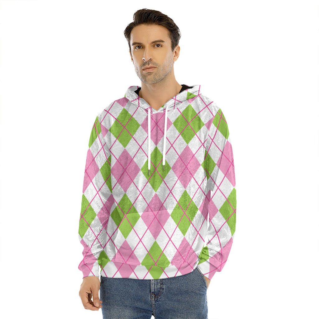 Pink Green And White Argyle Print Men's Velvet Pullover Hoodie