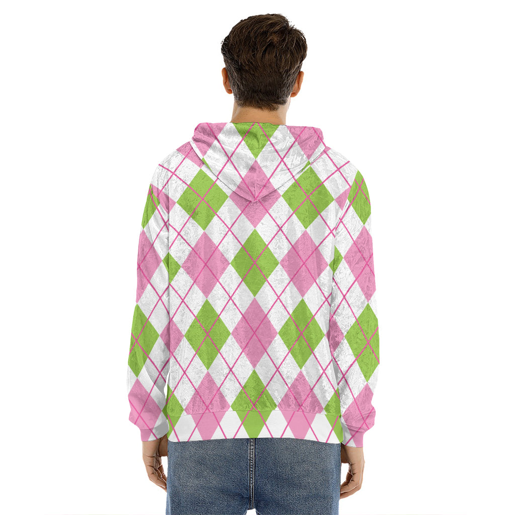 Pink Green And White Argyle Print Men's Velvet Pullover Hoodie