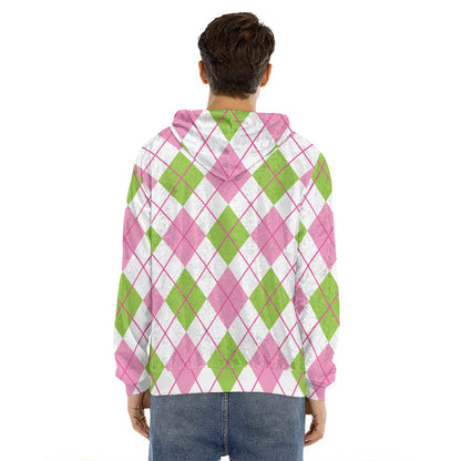Pink Green And White Argyle Print Men's Velvet Pullover Hoodie