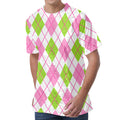 Pink Green And White Argyle Print Men's Velvet T-Shirt