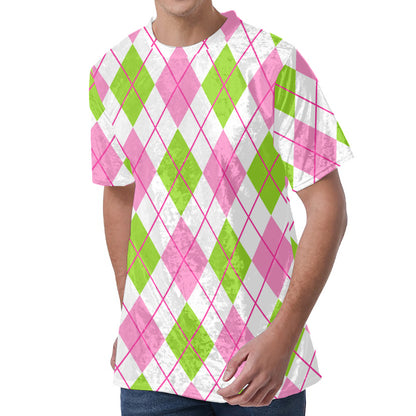 Pink Green And White Argyle Print Men's Velvet T-Shirt