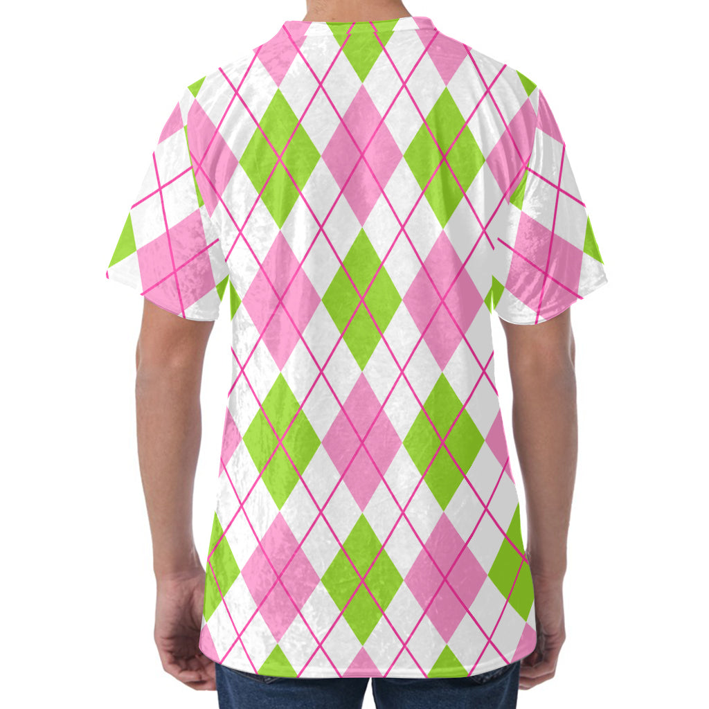 Pink Green And White Argyle Print Men's Velvet T-Shirt