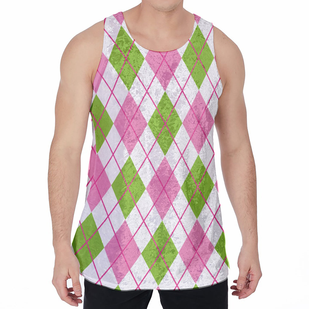 Pink Green And White Argyle Print Men's Velvet Tank Top